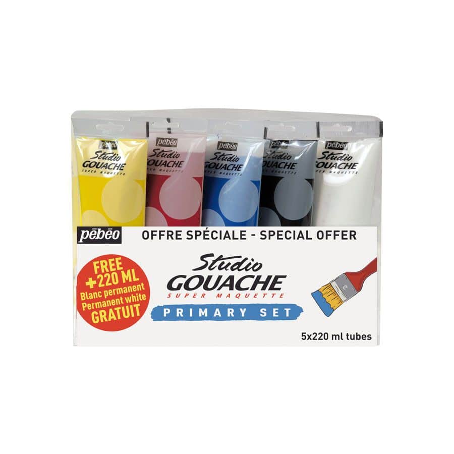 et de 5 Studio Gouache primaire 220ml (noir d'ivoire, jaune primaire, cyan, magenta, ) offre consommateur "1 blanc permanent 220ml offert"