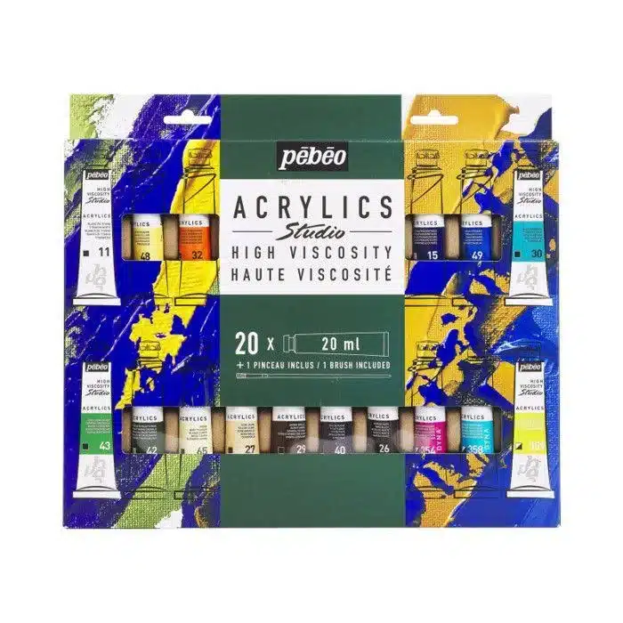 PEBEO – Set de 20 Studio Acrylics high viscosity 20ml + 1 brosse soies beau blanc gratuite